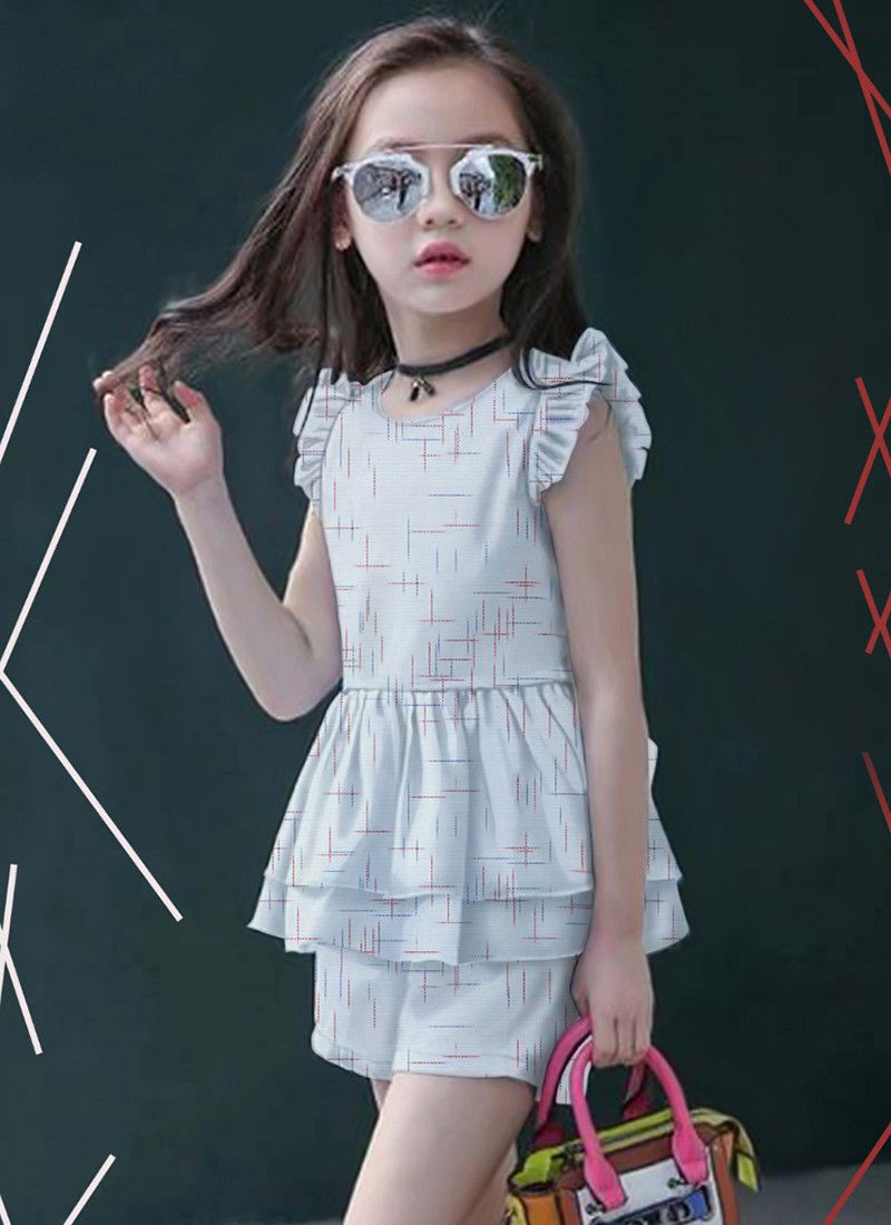 Sky Blue Colour Bavv Western Children Western Wear Khadi Cotton Top And Short Capri Girls Wear Collection Bavv 01